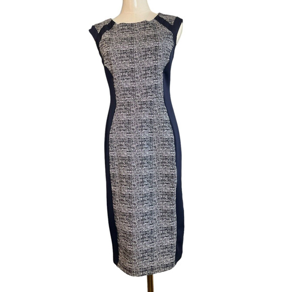 Enfocus Studio Womens Size 4 Navy Trim Black White Tweed Print Sheath Dress - Picture 1 of 12
